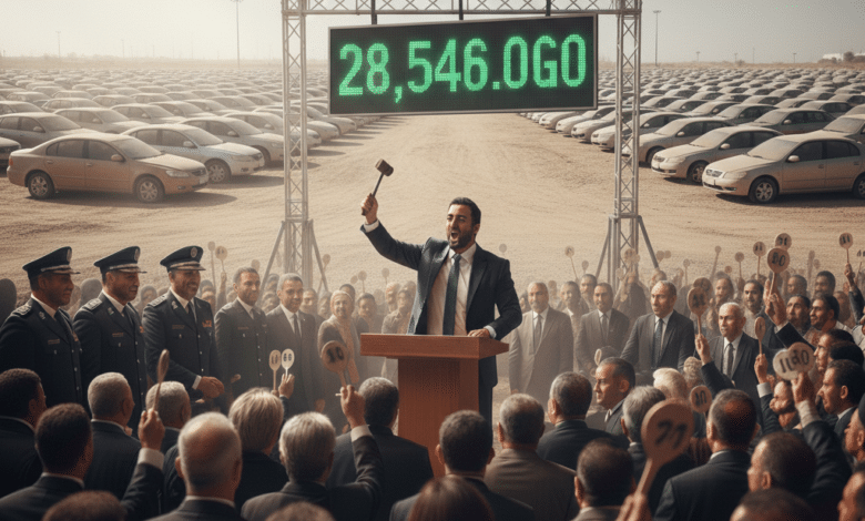 صورة تعبيرية لمزاد علني لبيع بضائع وسيارات مصادرة في جمارك الدخيلة تظهر المزايدين ولوحة تعلن عن حصيلة المزاد".