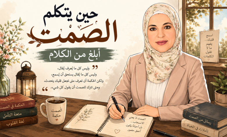 رسم كرتوني لامرأة محجبة تجلس إلى مكتب وتكتب في دفتر،